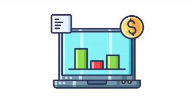 Çubuk grafiği dolar işaretleri ile gösteren dizüstü bilgisayar finans sunumları, iş raporları, ekonomik analizler, bütçe planlama görselleri için harika. Şeffaf arkaplan döngüsü.