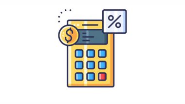 Dolar ve yüzde işaretli sarı hesap makinesi, tasarım projelerinde finans, muhasebe, bütçe, iş ve yatırım kavramlarına uygundur. Şeffaf arkaplan döngüsü.