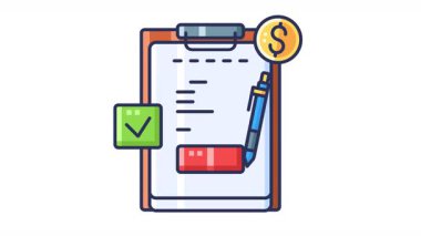 Kontrol listesi, kalem ve dolar işaretli pano finansal planlamayı sembolize ediyor. İş için ideal, bütçe, finans, muhasebe kavramları. Şeffaf arkaplan döngüsü.