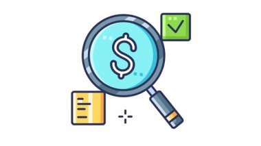 Büyüteç, dolar işareti ve Checkmark 'a yakınlaştırıyor. Finansal analiz, bütçe ve tasarımlardaki yatırım temaları için ideal. Şeffaf arkaplan döngüsü.