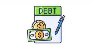 Dolar, altın para ve kalemle kredi sözleşmesi kağıdı. Finans, borç yönetimi, kişisel finans, bütçe tasarımı için ideal. Şeffaf arkaplan döngüsü.