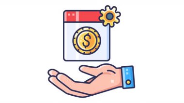 Elinde altın renkli bozuk para ve teçhizatla tarayıcı penceresi olan bir el. Para yönetimi ve finansal teknoloji kavramları için uygun. Şeffaf arkaplan döngüsü.
