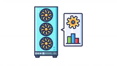 Hayranları ve performans veri ekranıyla kişisel bilgisayarı gösteren animasyon.