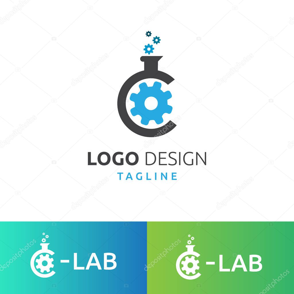 Creative Laboratory Logo Design with Gear and Flask. C Lab Logo