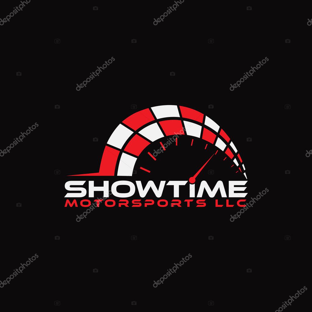 Motorsports Logo Design with Speed Gauge and Checkered Flag Logo