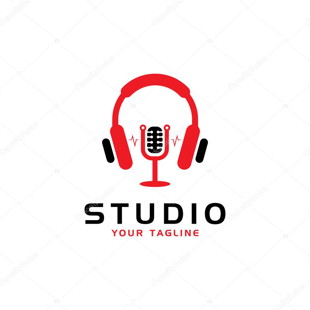 Studio logo with a microphone and headphones. Headphone Set Logo