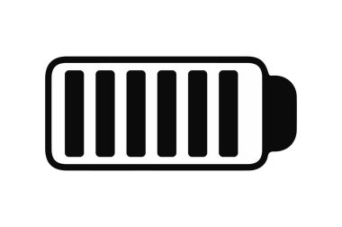 Beş çubuğu dolu bir siyah pil simgesi beyaz bir arkaplan karşısında kısmen şarj edilmiş durumdadır. Basit, temiz tasarım..