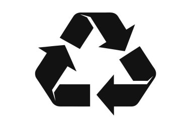 Beyaz arka plana karşı dairesel bir düzende üç oktan oluşan siyah bir geri dönüşüm sembolü. Basit grafik tasarımı.