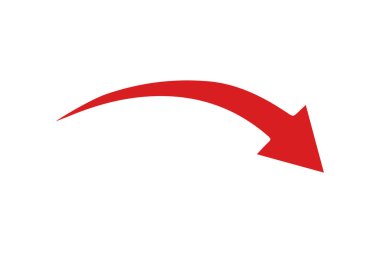 Beyaz arka planda aşağıya bakan kırmızı eğimli bir ok. Ok basit bir grafik elementi, izole ve temiz..