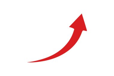 Beyaz bir arkaplanı işaret eden kırmızı eğimli bir ok. Grafik büyümeyi ve yükselmeyi simgeliyor. Basit tasarım.