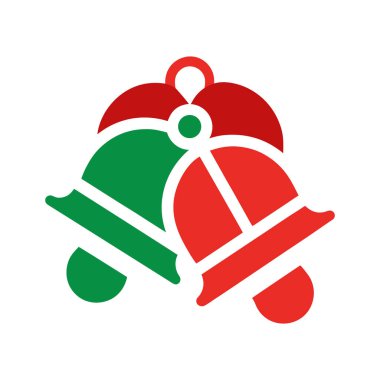 İki stilize Noel çanı kırmızı ve yeşil, beyaz arkaplanda beyaz çizgiler var. Basit, düz tasarım..