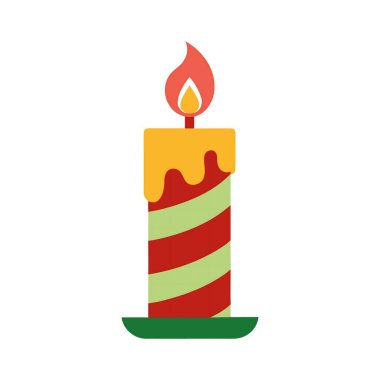 Sarı balmumunda kırmızı yeşil çizgileri ve beyaz üzerinde alevi olan bir Noel mumunun vektör çizimi
