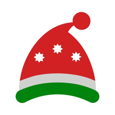 Beyaz yıldız aksanlı kırmızı bir Noel şapkası, gri bir bant ve yeşil bir kenar beyaz bir fonda resmedilir..