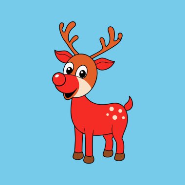 Mavi arka planda kırmızı burunlu ve boynuzlu çizgi film geyiği çizimi. Ren geyiği kırmızı ve beyaz benekli..