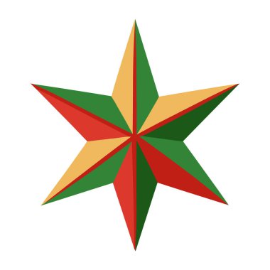 Beyaz arka planda kırmızı yeşil ve altın renkli altı köşeli yıldız çizimi. Basit düz tasarım ve neşeli renkler.