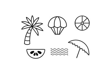 Beyaz arka planda bir palmiye ağacı, paraşüt, meyve dilimi, dalgalı çizgiler ve şemsiye içeren siyah beyaz bir karikatür..