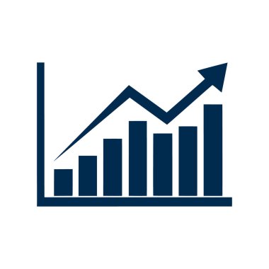 Koyu mavi çubuk grafiği beyaz zemin üzerinde yukarı doğru ok ile iş büyümesini ve mali ilerlemeyi gösteren