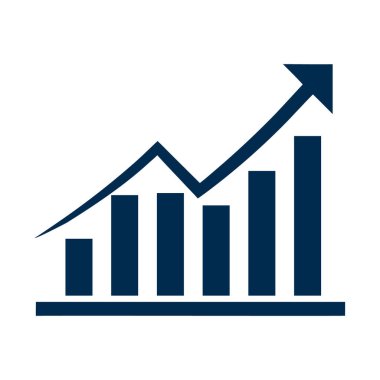 Beyaz zemin üzerinde yukarı doğru ok olan koyu mavi çubuk grafiği, finansal büyüme ve pozitif eğilimleri gösteriyor.