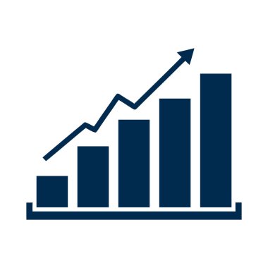Beyaz zemin üzerinde yukarı doğru eğilimli bir ok ile koyu mavi çubuk grafiği, büyümeyi ve olumlu ilerlemeyi göstermektedir.