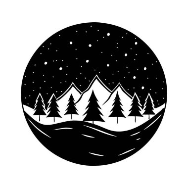 Siyah ve beyaz dairesel bir çizim bir dağ sırası, çam ağaçları ve yıldızlı bir gece gökyüzünü tasvir eder. Tarz minimalist ve grafiksel..