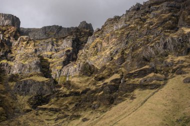 Bulutlu bir gökyüzünün altında yosun ve çimlerle kaplı engebeli bir dağ uçurumunun dramatik manzarası. Bu doğal manzara, dağlık arazinin işlenmemiş ve evcilleştirilmemiş güzelliğini yakalar. İzlanda