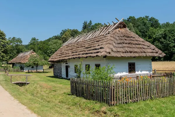Köy Müzesi 'nde çatısı Thatch olan eski ahşap bir ev.