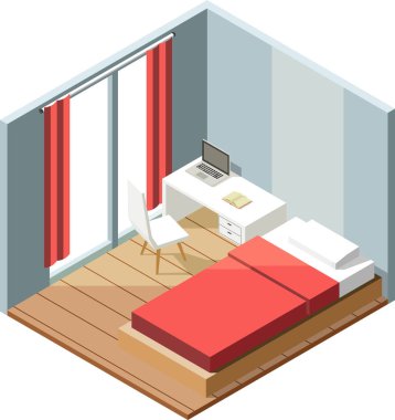 Yatak odası, yatak odası, masa ve sandalye.