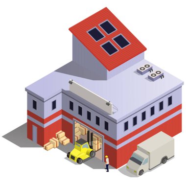 Kamyon, forklift, işçi ve kutularla donatılmış Isome deposu.