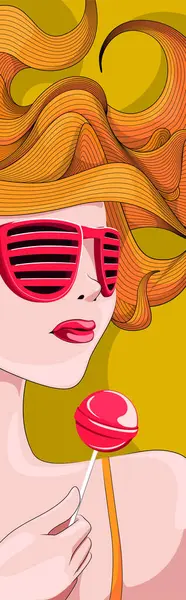 Güneş gözlüklü bir kadın lolipop yiyor.
