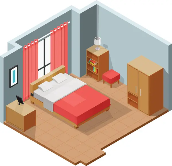 Gardırobu ve kitaplığı olan Isometric yatak odası.