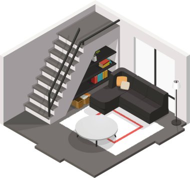 Merdiveni olan Isome oturma odası.