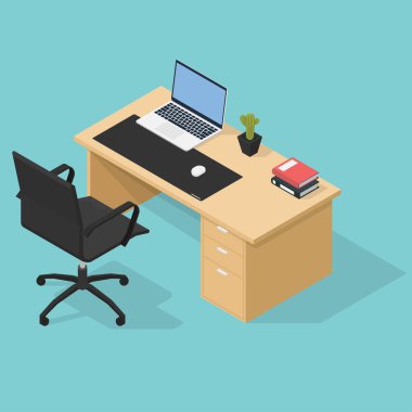 Dizüstü bilgisayarlı, kitaplı, sandalyeli ve bitkilerli ofis masasının Isometric çizimi
