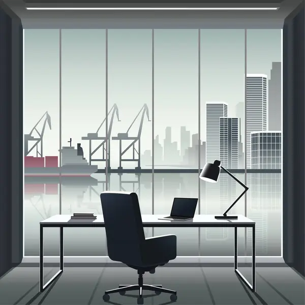 Liman ve şehir silueti manzaralı ofis odası illüstrasyonu