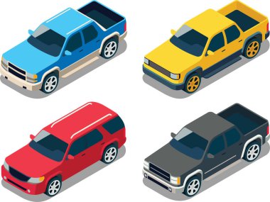 İzometrik kamyon ve aile arabası seti