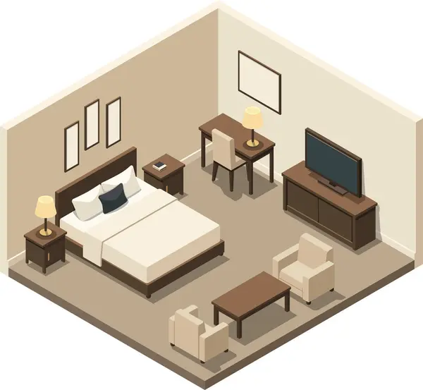 Isometric otel odasının içi televizyon ve kahve masasıyla dolu.