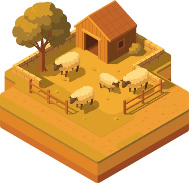  Taştan çitleri ve ahırı olan Isometric koyun çiftliği.