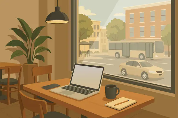 Cafe çalışma alanı. Trafik yoluna bakan büyük pencereli.