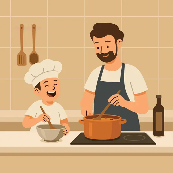 Baba ve oğul mutfakta birlikte yemek pişiriyorlar.