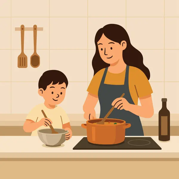 Anne ve oğlu birlikte mutfakta yemek