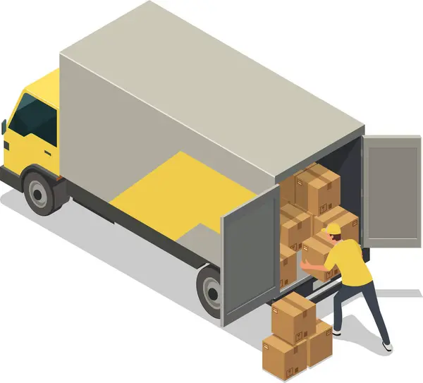 İşçi boşaltma paketi olan Isometric dağıtım kamyonu