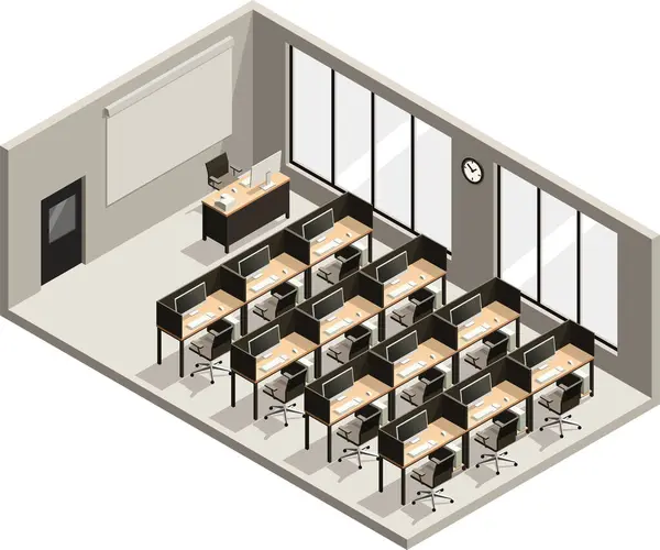 Isometric okulu bilgisayar laboratuar sınıfı iç mimarisi