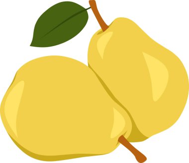 Saplı iki parlak sarı armut ve beyaz arkaplanda izole edilmiş bir yaprak.