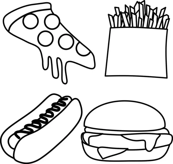 Fast food siyah simgeleri dizayn için set koleksiyonunda. fast food ve abur cubur vektör sembolü.
