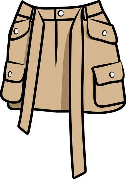 Kısa etekli, cebi geniş ve beyaz arka planda uzun kemerli.