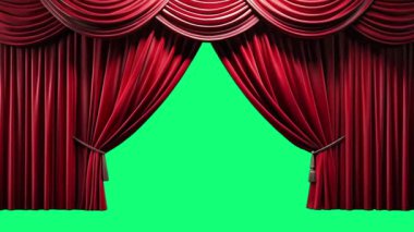 Yeşil kadife perde ve yeşil arka planlı kırmızı perdeler. 3d illüstrasyon.