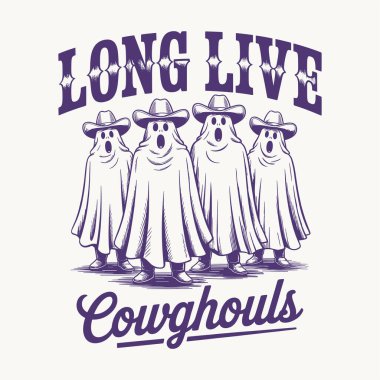 Bu eğlenceli Cadılar Bayramı tasarımında bir grup kovboy şapkalı hayaletin 