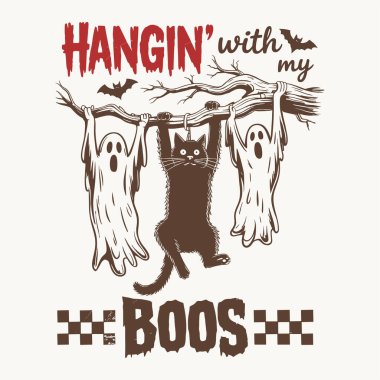 Cadı kazanın üstünde uçan yarasalarla asılı üç kara kedi ve yuhalanan komik cümleler içeren eğlenceli bir cadılar bayramı tişörtü tasarımı kedi severler için mükemmel ama aynı zamanda şirin bir tasarım cadılar bayramı partisi kıyafetleri ya da grup temalı tişörtler.