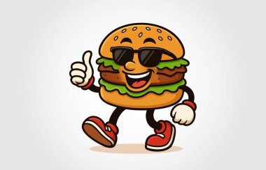 Kırmızı şapka ve güneş gözlüğü takan bir hamburgerin maskot tasarımı..