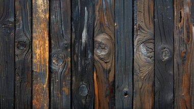 A close-up photograph of dark wooden planks arranged vertically