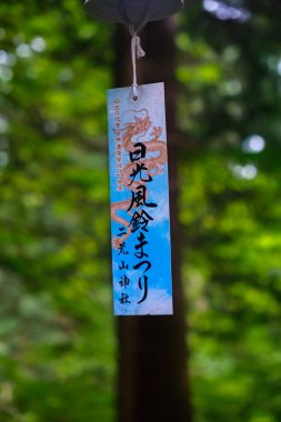 Nikko, Japonya - 12 Ağustos 2024: Sanatsal Japon kaligrafisi ve ejderha resimlerini gösteren renkli bir rüzgar çanı, Toshogu Tapınağı 'nda arka planda yumuşak yeşillikle asılı, sükunet ve kültürel geleneği örnek alıyor.